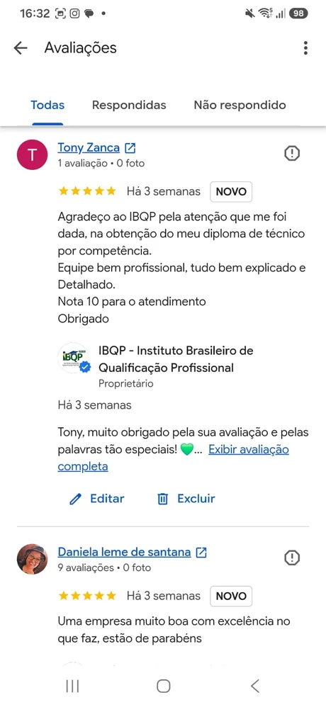 Avaliação 5 estrelas de aluno no Google