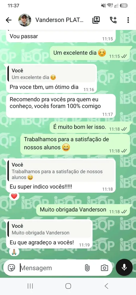 Mensagem de aluno agradecendo ao IBQP pela certificação (dados pessoais desfocados)